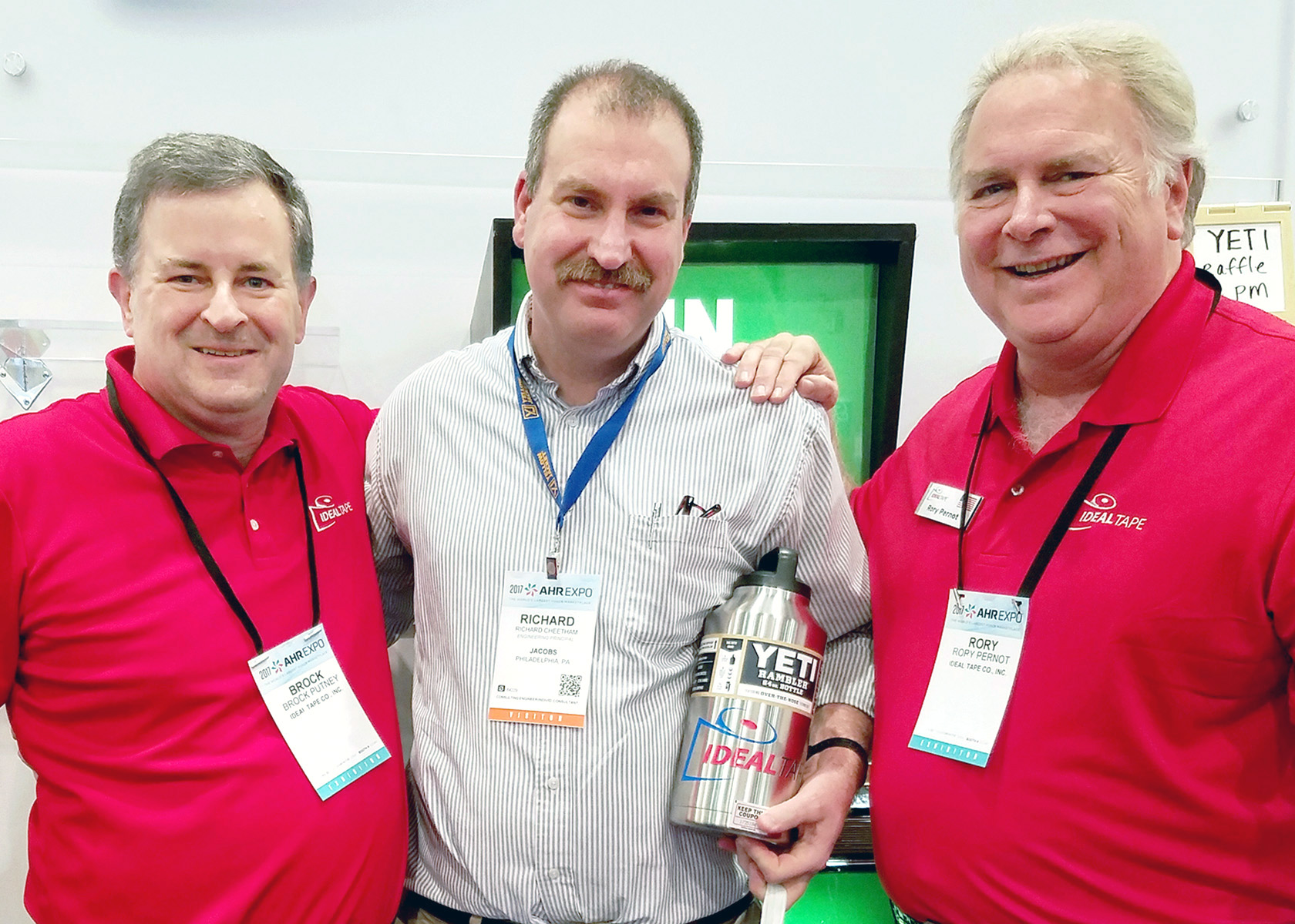 Richard Cheetham of Jacobs in Philadelphia, PA took home a YETI 64 oz, growler on Day 1 of the AHR Expo. (Pictured: Brock Putney, Richard Cheetham, Rory Pernot)