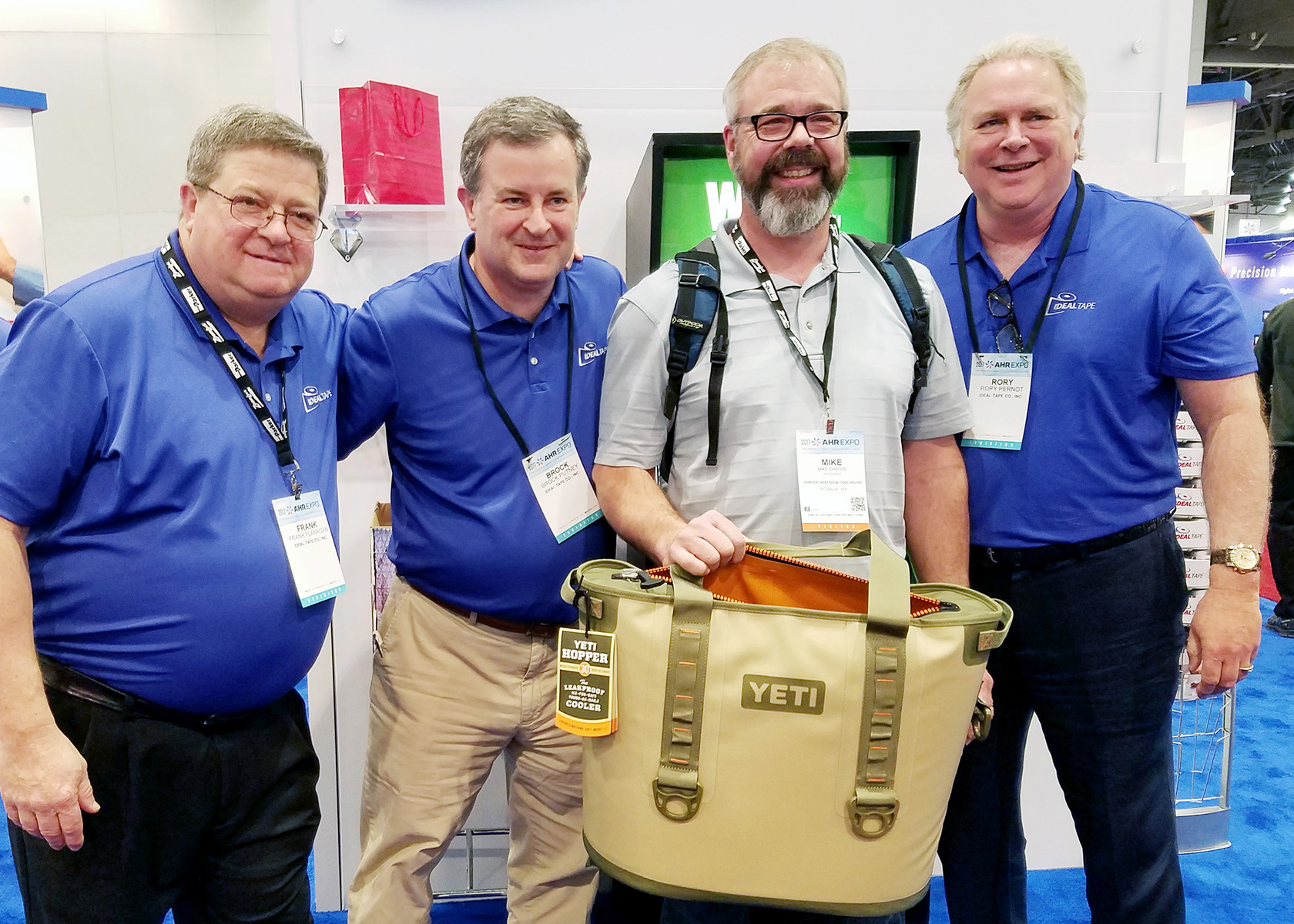 On Day 2 of the AHR Expo, Mike Shrode of Shrode Heating & Cooling in Rosalia, WA won the YETI Hopper 30 Cooler. (Pictured: Frank Flanagan, Brock Putney, Mike Shrode, Rory Pernot)