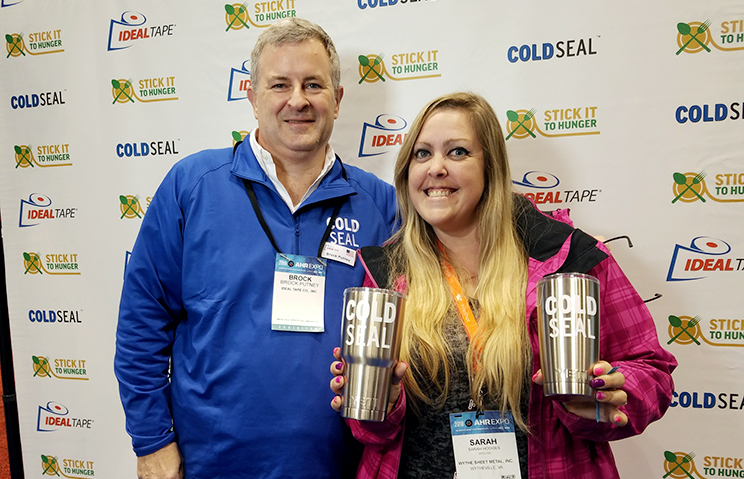 Sarah Hodges of Wythe Sheet Metal, Inc. in Wytheville, VA took two YETI tumblers on Day 2 of the AHR Expo. (Pictured: Brock Putney and Sarah Hodges)