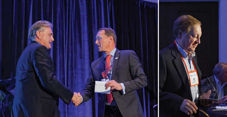 Left: John Poulton (left) is inducted into PSTC's Hall of Fame by ABI's General Manager and PSTC President Michel Merkx. Right: Bill Walker receives PSTC's Presidents Award.